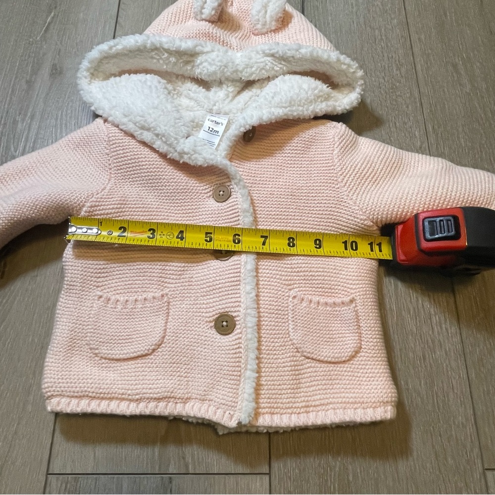 Carter's 12M‎ Baby Girl Pink Knit Sherpa Lined Hooded Cardigan Jacket Bear Ears - Picture 7 of 8